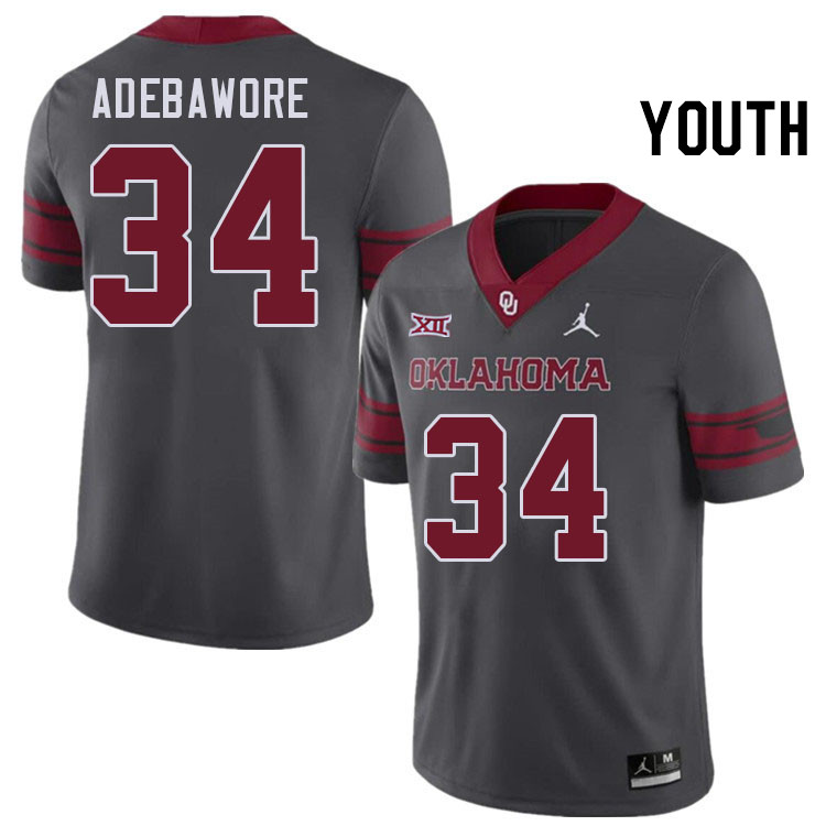 Youth #34 Adepoju Adebawore Oklahoma Sooners College Football Jerseys Stitched-Charcoal
